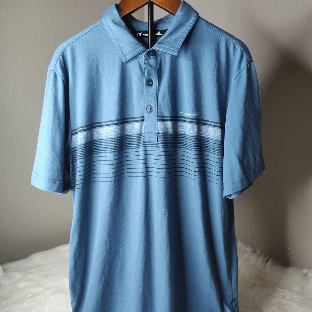 Travis Mathew Polo Shirt Men Small Blue Striped Short Sleeve Golf Graphic Top